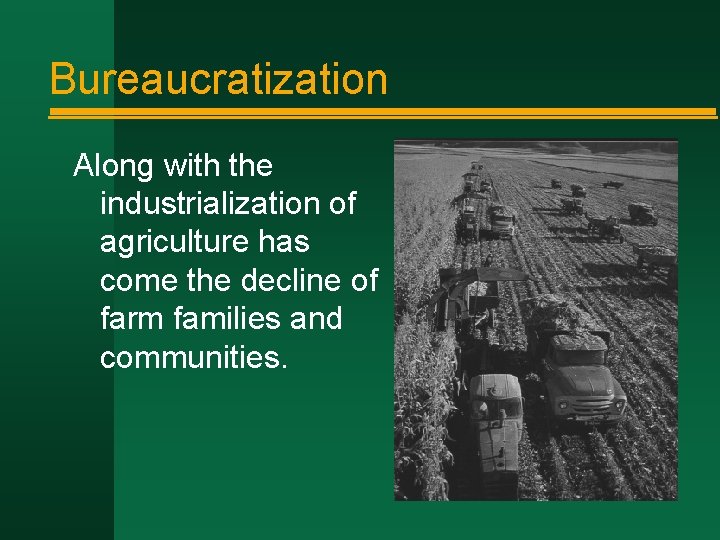 Bureaucratization Along with the industrialization of agriculture has come the decline of farm families