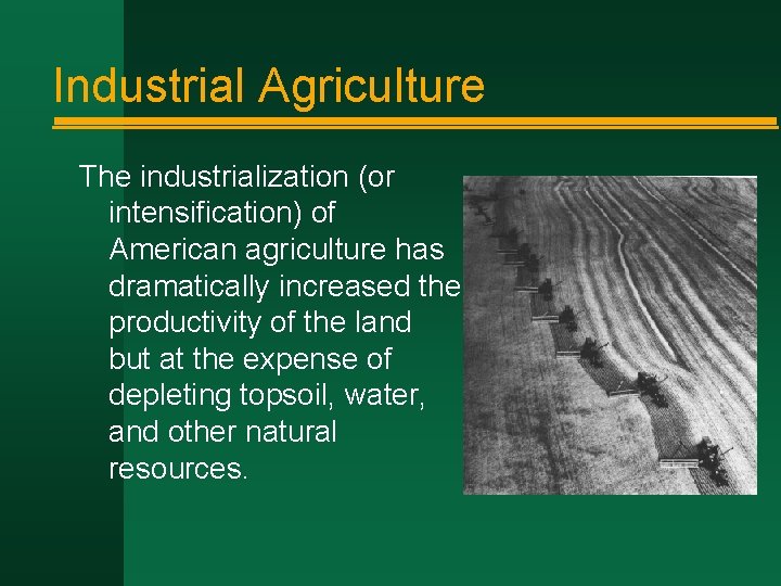 Industrial Agriculture The industrialization (or intensification) of American agriculture has dramatically increased the productivity