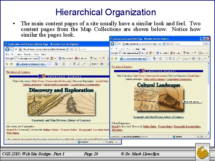 Hierarchical Organization • The main content pages of a site usually have a similar