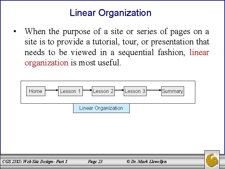 Linear Organization • When the purpose of a site or series of pages on