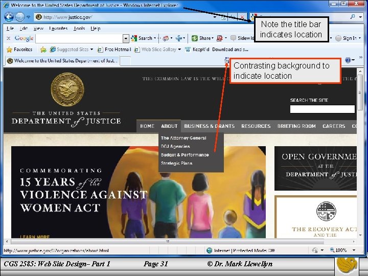 Note the title bar indicates location Contrasting background to indicate location CGS 2585: Web