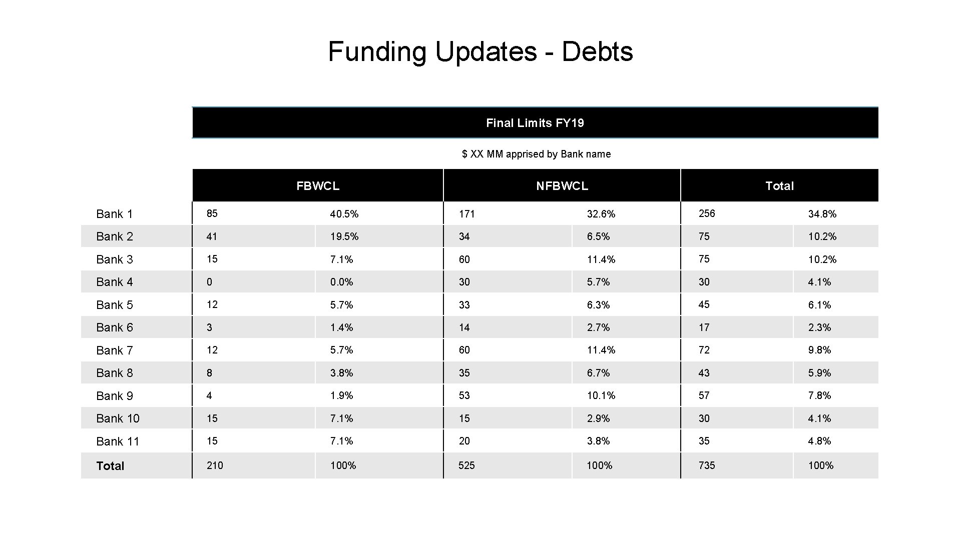 Funding Updates - Debts Final Limits FY 19 $ XX MM apprised by Bank