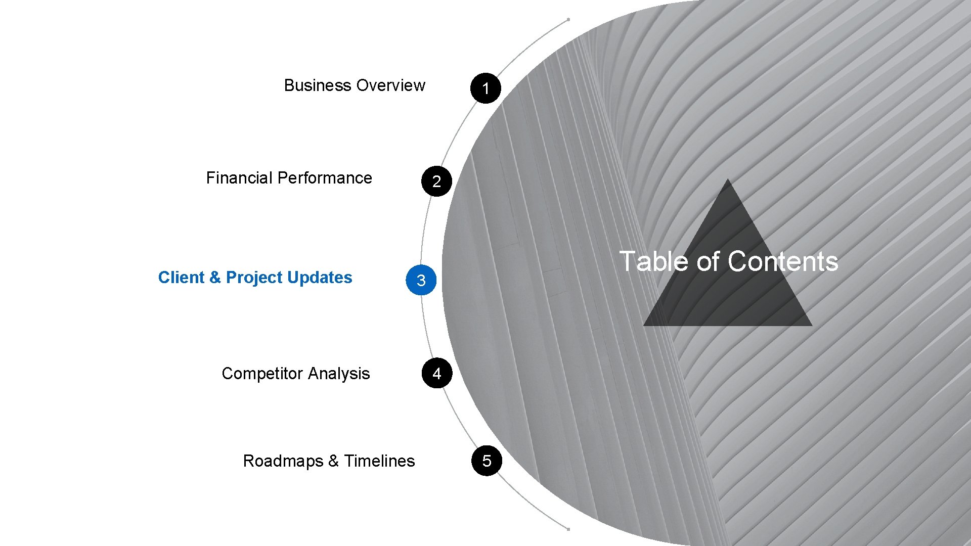 Business Overview Financial Performance Client & Project Updates Competitor Analysis Roadmaps & Timelines 1