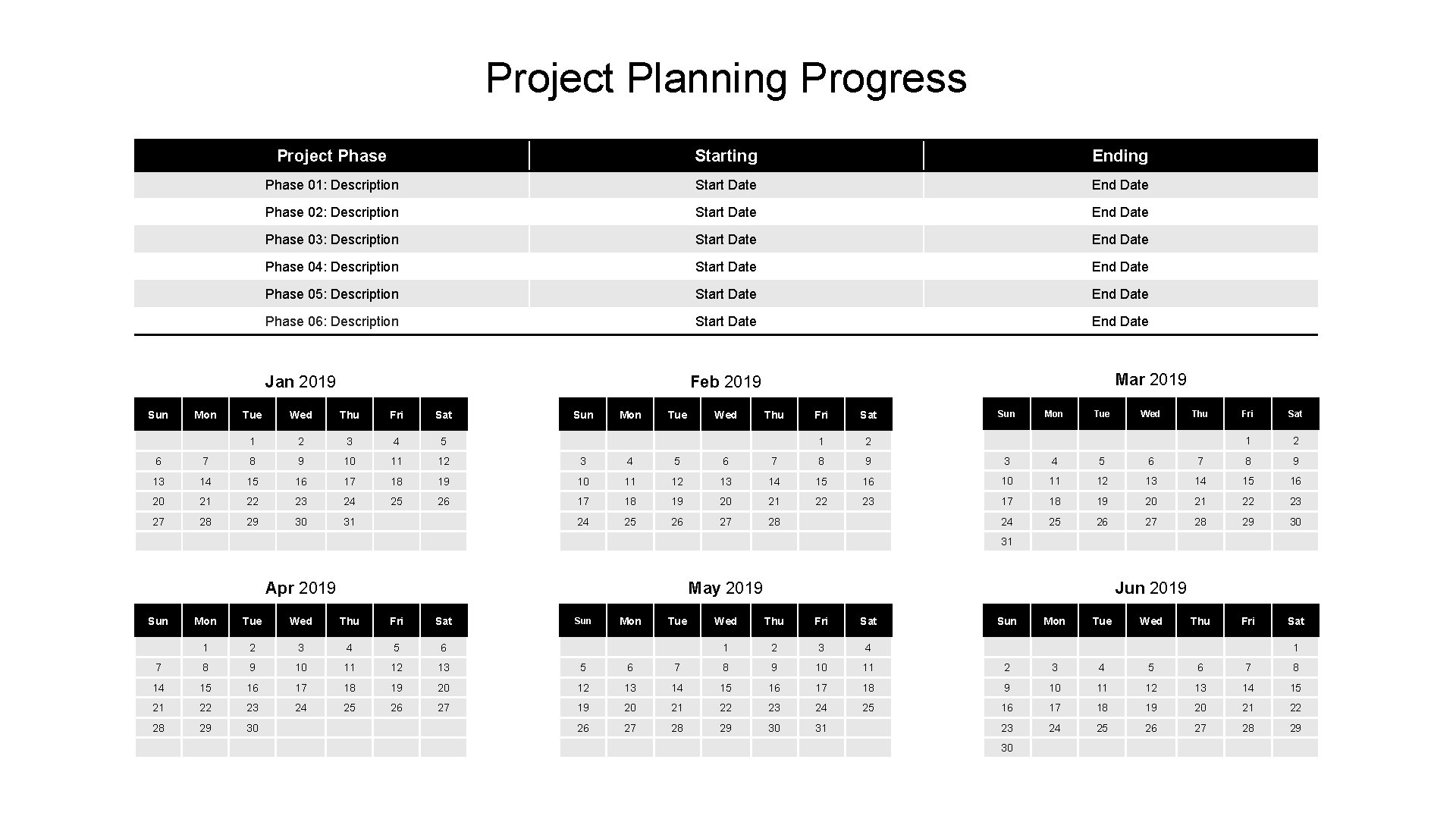 Project Planning Progress Project Phase Starting Ending Phase 01: Description Start Date End Date