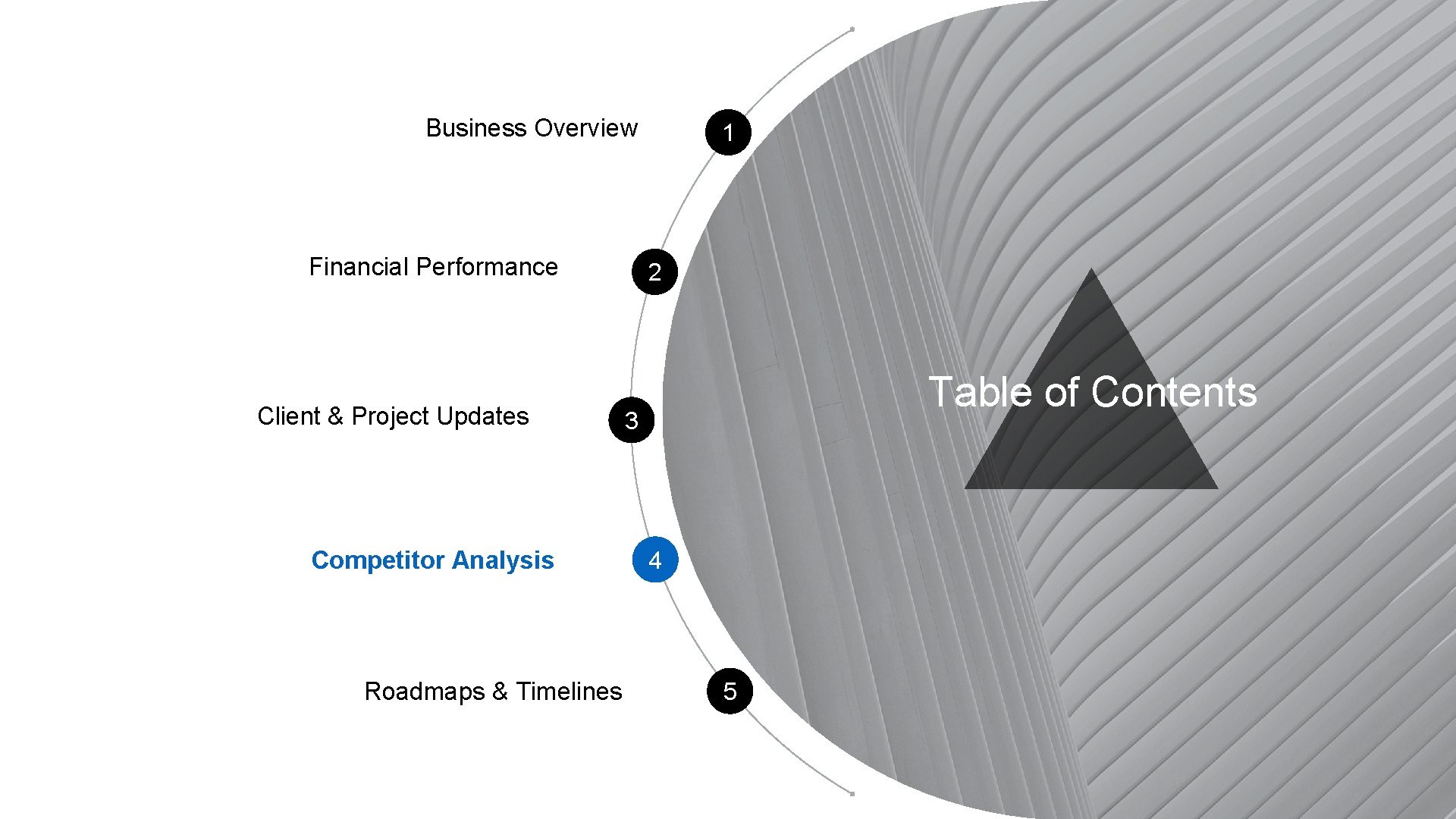 Business Overview Financial Performance Client & Project Updates Competitor Analysis Roadmaps & Timelines 1