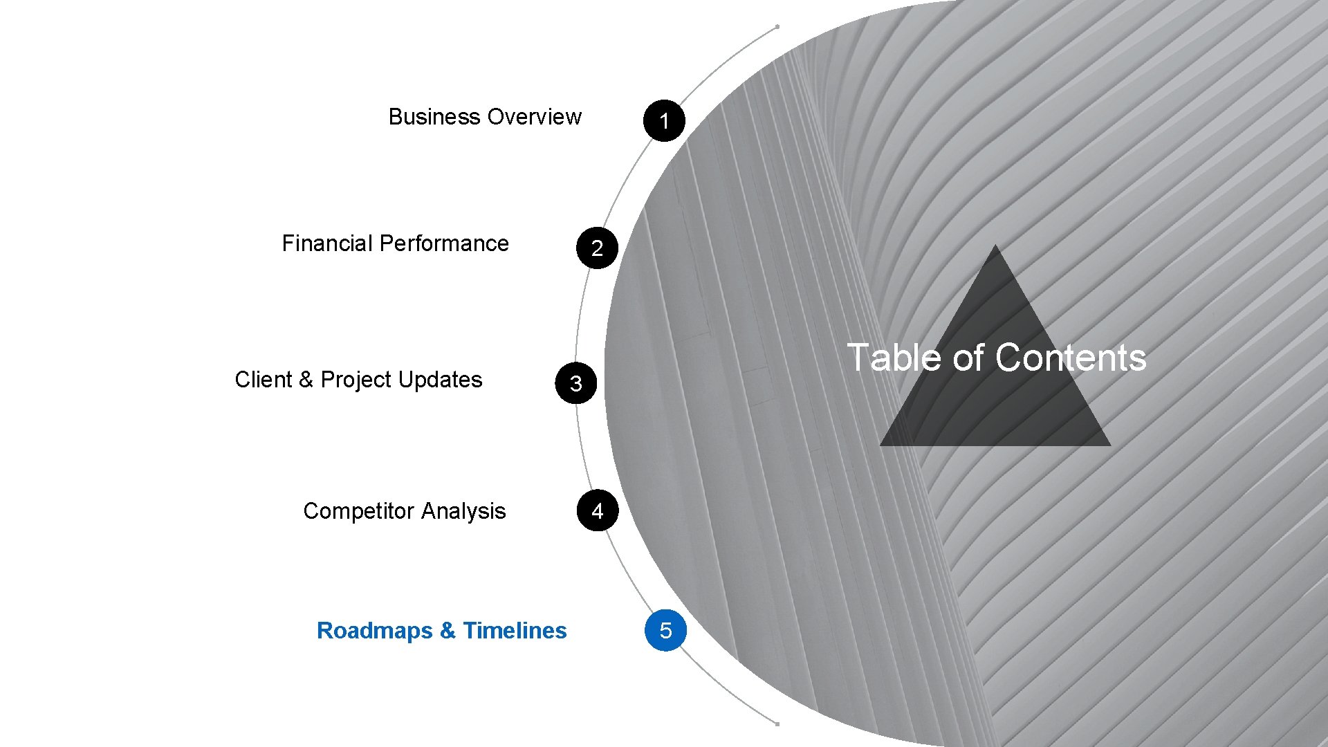 Business Overview Financial Performance Client & Project Updates Competitor Analysis Roadmaps & Timelines 1