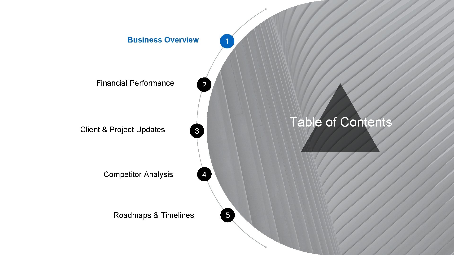 Business Overview Financial Performance Client & Project Updates Competitor Analysis Roadmaps & Timelines 1