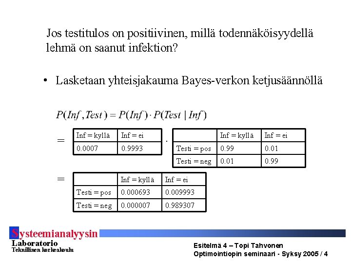 Jos testitulos on positiivinen, millä todennäköisyydellä lehmä on saanut infektion? • Lasketaan yhteisjakauma Bayes-verkon
