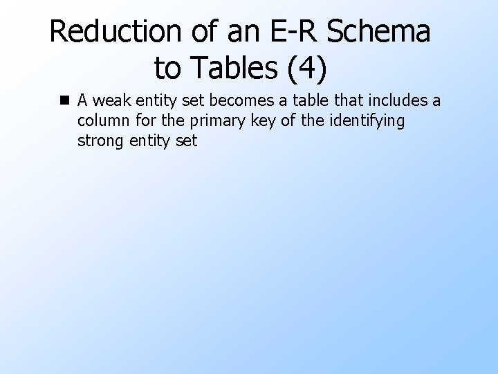 Reduction of an E-R Schema to Tables (4) n A weak entity set becomes