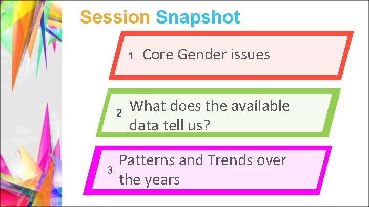 Session Snapshot 1 22 Core Gender issues What is prevention? What does the available