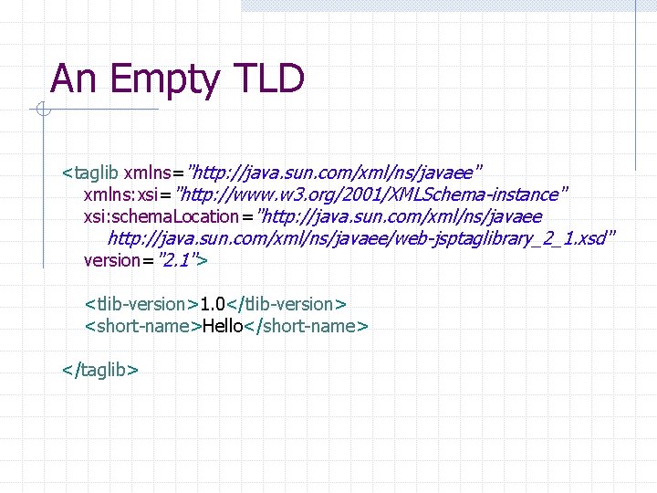 An Empty TLD <taglib xmlns="http: //java. sun. com/xml/ns/javaee" xmlns: xsi="http: //www. w 3. org/2001/XMLSchema-instance"