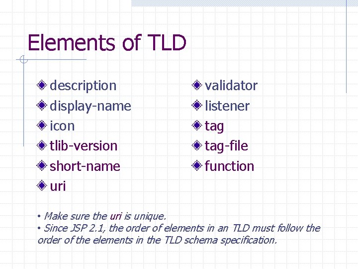 Elements of TLD description display-name icon tlib-version short-name uri validator listener tag-file function •