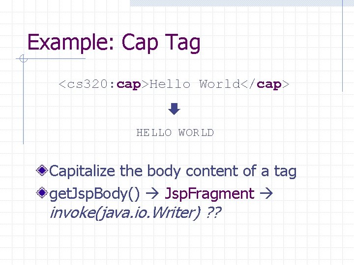 Example: Cap Tag <cs 320: cap>Hello World</cap> HELLO WORLD Capitalize the body content of