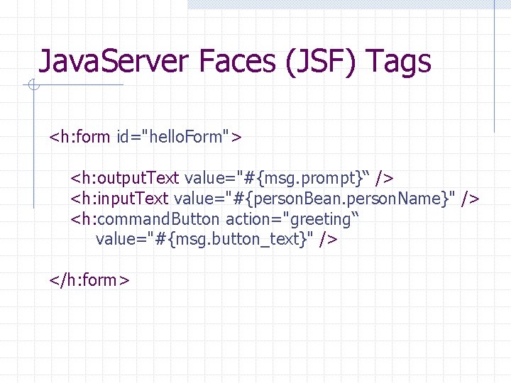 Java. Server Faces (JSF) Tags <h: form id="hello. Form"> <h: output. Text value="#{msg. prompt}“