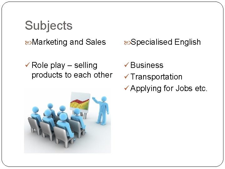 Subjects Marketing and Sales Specialised English ü Role play – selling ü Business products