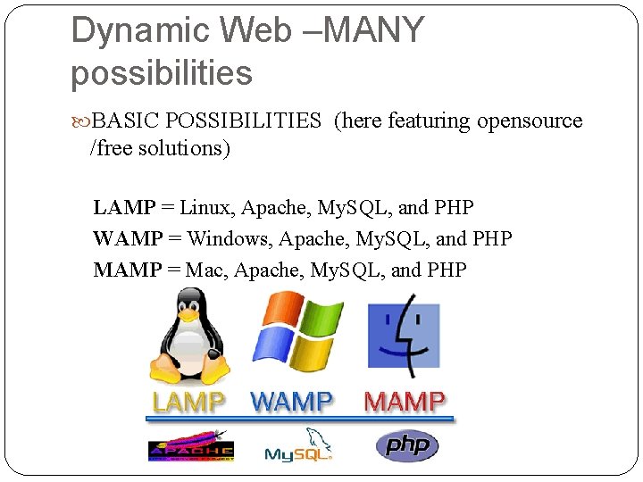Dynamic Web –MANY possibilities BASIC POSSIBILITIES (here featuring opensource /free solutions) LAMP = Linux,