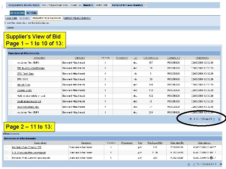 Supplier’s View of Bid Page 1 – 1 to 10 of 13: Page 2