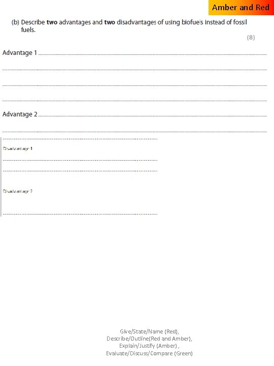 Amber and Red Give/State/Name (Red), Describe/Outline(Red and Amber), Explain/Justify (Amber) , Evaluate/Discuss/Compare (Green) 
