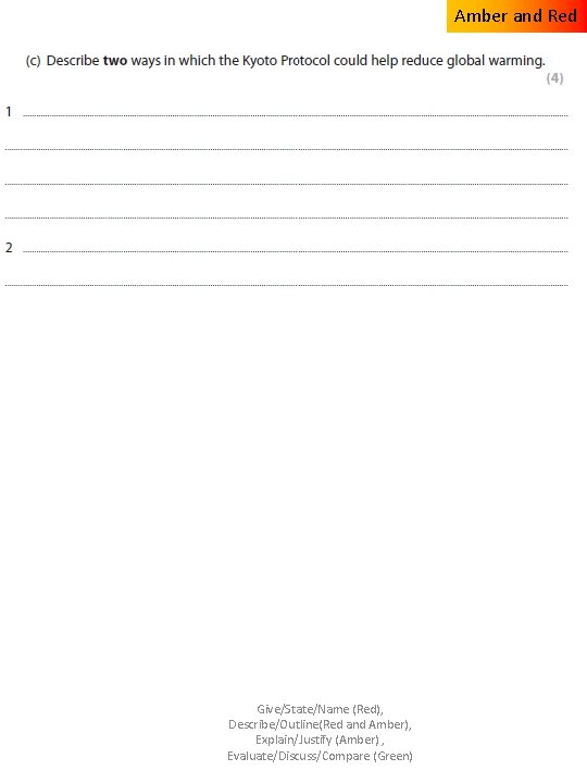 Amber and Red Give/State/Name (Red), Describe/Outline(Red and Amber), Explain/Justify (Amber) , Evaluate/Discuss/Compare (Green) 
