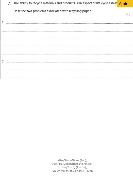 Amber Give/State/Name (Red), Describe/Outline(Red and Amber), Explain/Justify (Amber) , Evaluate/Discuss/Compare (Green) 