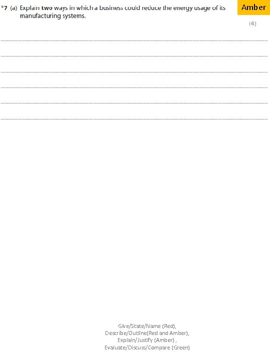 Amber Give/State/Name (Red), Describe/Outline(Red and Amber), Explain/Justify (Amber) , Evaluate/Discuss/Compare (Green) 