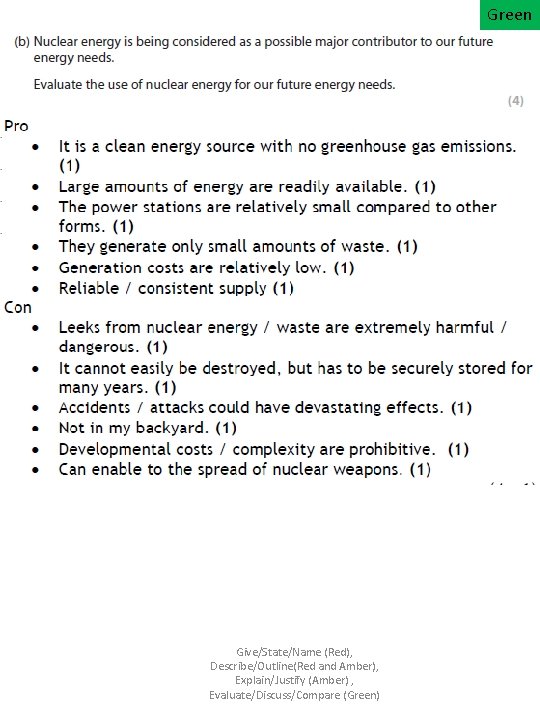 Green Give/State/Name (Red), Describe/Outline(Red and Amber), Explain/Justify (Amber) , Evaluate/Discuss/Compare (Green) 