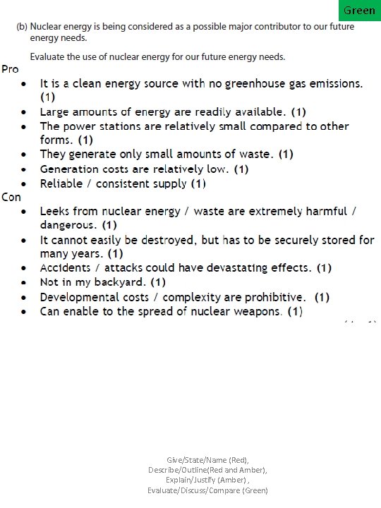 Green Give/State/Name (Red), Describe/Outline(Red and Amber), Explain/Justify (Amber) , Evaluate/Discuss/Compare (Green) 