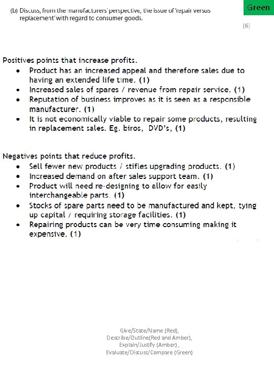 Green Give/State/Name (Red), Describe/Outline(Red and Amber), Explain/Justify (Amber) , Evaluate/Discuss/Compare (Green) 