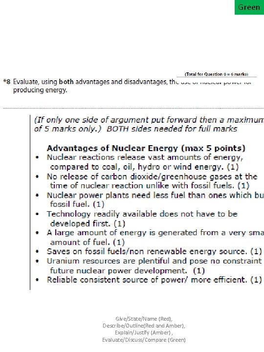 Green Give/State/Name (Red), Describe/Outline(Red and Amber), Explain/Justify (Amber) , Evaluate/Discuss/Compare (Green) 