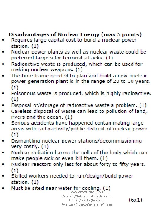 Give/State/Name (Red), Describe/Outline(Red and Amber), Explain/Justify (Amber) , Evaluate/Discuss/Compare (Green) 
