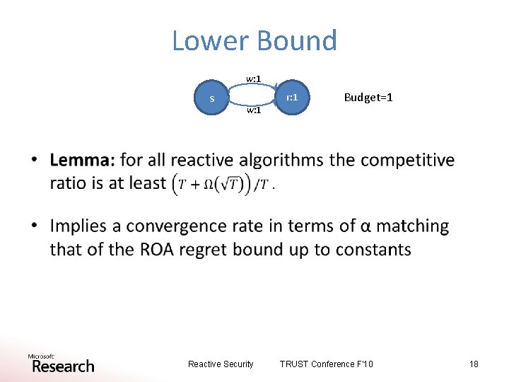 Lower Bound w: 1 s r: 1 w: 1 Budget=1 • Reactive Security TRUST