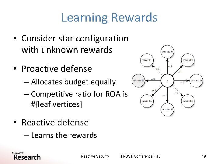 Learning Rewards • Consider star configuration with unknown rewards • Proactive defense – Allocates