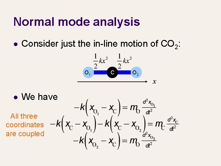 Normal mode analysis l Consider just the in-line motion of CO 2: O 1