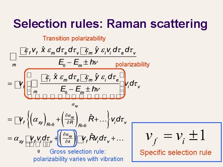 Selection rules: Raman scattering Transition polarizability Gross selection rule: polarizability varies with vibration Specific