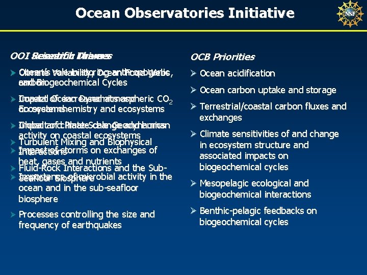 Ocean Observatories Initiative Scientific Drivers OOI Research Themes Ø Ocean’s Variability, role in storing