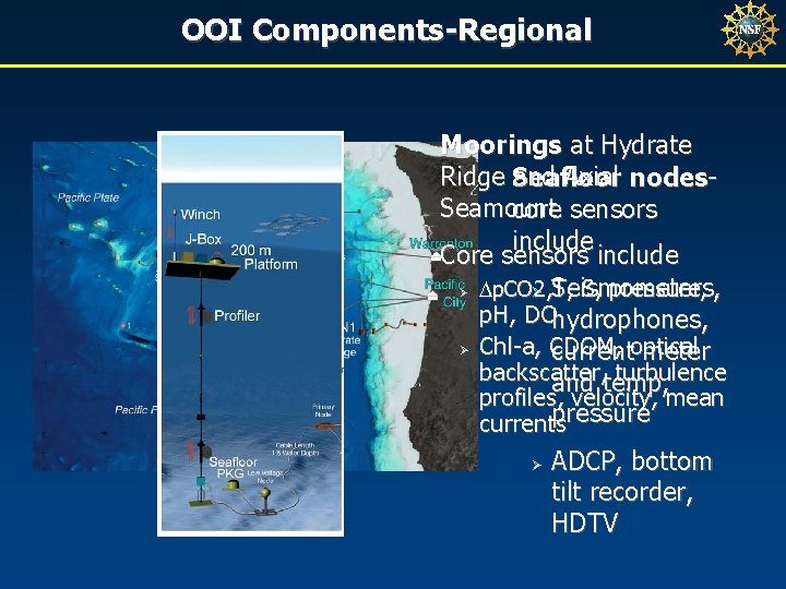 OOI Components-Regional Moorings at Hydrate Ridge Seafloor and Axial nodes. Seamount core sensors include