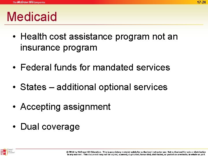 17 -24 Medicaid • Health cost assistance program not an insurance program • Federal