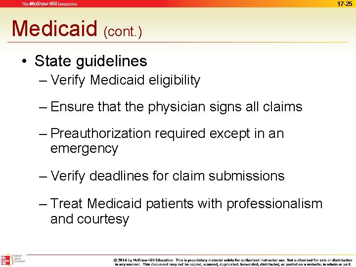 17 -25 Medicaid (cont. ) • State guidelines – Verify Medicaid eligibility – Ensure