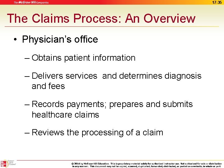 17 -35 The Claims Process: An Overview • Physician’s office – Obtains patient information