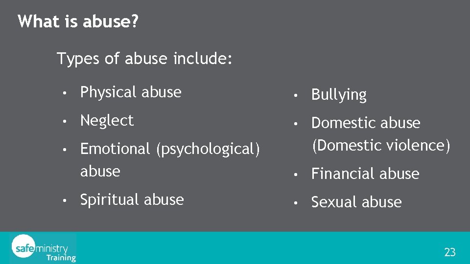 What is abuse? Types of abuse include: • Physical abuse • Bullying • Neglect