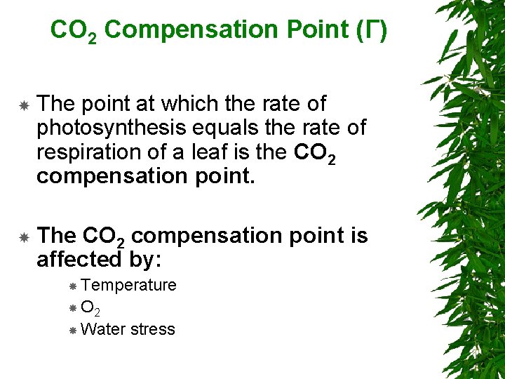 CO 2 Compensation Point (Γ) The point at which the rate of photosynthesis equals CO 2 Compensation Point (Γ) The point at which the rate of photosynthesis equals