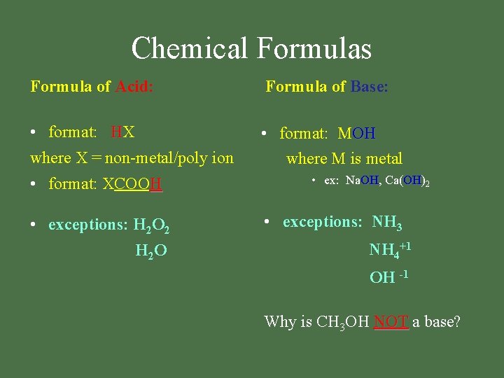 Chemical Formulas Formula of Acid: Formula of Base: • format: HX where X =