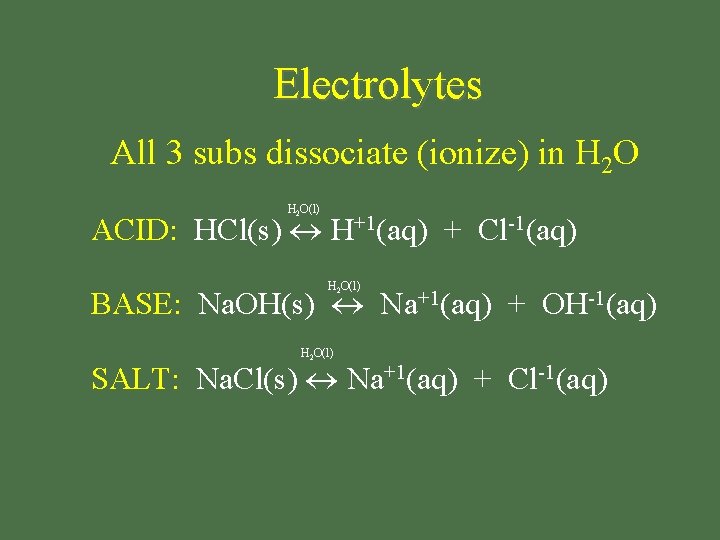 Electrolytes All 3 subs dissociate (ionize) in H 2 O(l) ACID: HCl(s) H+1(aq) +