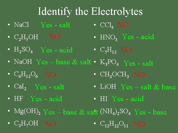 Identify the Electrolytes Yes - salt NO • C 2 H 5 OH •