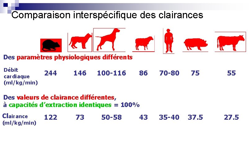 Comparaison interspécifique des clairances Des paramètres physiologiques différents Débit cardiaque (ml/kg/min) 244 146 100
