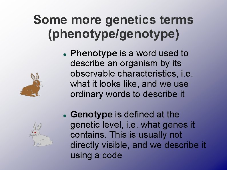 Some more genetics terms (phenotype/genotype) Phenotype is a word used to describe an organism