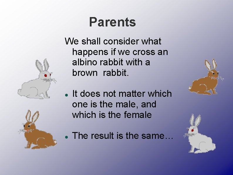 Parents We shall consider what happens if we cross an albino rabbit with a