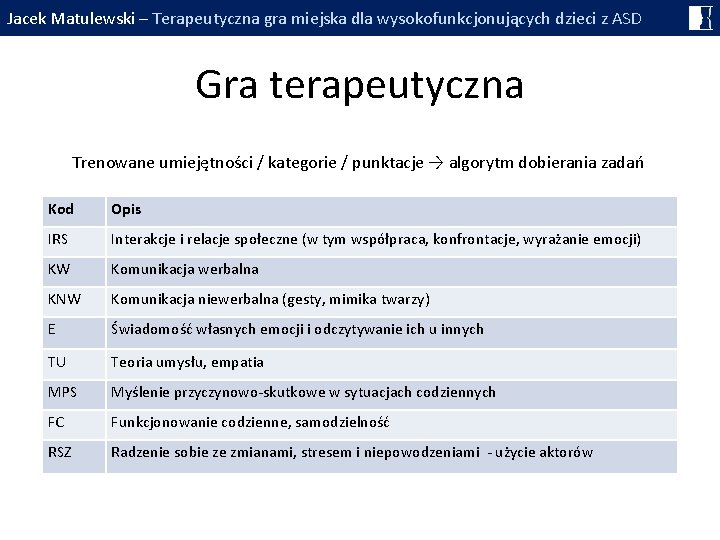 Jacek Matulewski – Terapeutyczna gra miejska dla wysokofunkcjonujących dzieci z ASD Gra terapeutyczna Trenowane