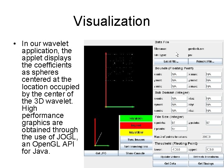Visualization • In our wavelet application, the applet displays the coefficients as spheres centered