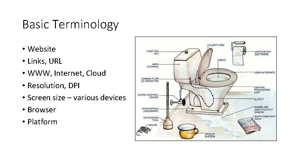 Basic Terminology • Website • Links, URL • WWW, Internet, Cloud • Resolution, DPI